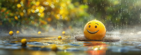 Happy yellow emoticon in heavy rain surrounded by water droplets. Bright yellow smiley face ball in rain, cheerful happiness and positivity. Yellow smiling emoticon ball in raindrops. positivity and happiness. Emoji in Rain. Yellow happy emoji.の写真素材