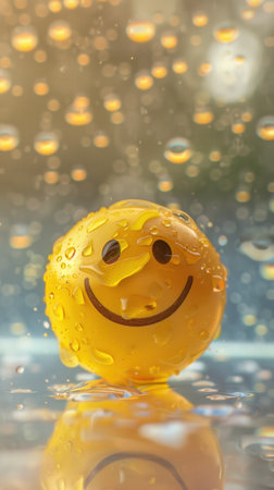 Happy yellow emoticon in heavy rain surrounded by water droplets. Bright yellow smiley face ball in rain, cheerful happiness and positivity. Yellow smiling emoticon ball in raindrops. positivity and happiness. Emoji in Rain. Yellow happy emoji.の写真素材