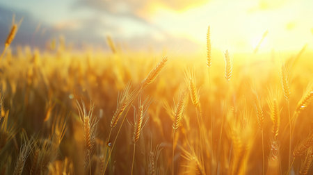 Field of wheat under sun. Golden wheat field in warm sunset light. Serene beauty of rural nature and agriculture. Tranquil rural landscape. agricultural beauty. harvest seasonの写真素材