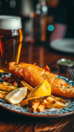 Crispy golden fish and chips with lemon wedge on plate. Plate of fish and chips. Crispy beer-battered fish and golden fries.の写真素材