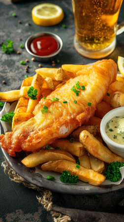 Crispy golden fish and chips with tartar sauce and lemon wedge on plate. Plate of fish and chips with beer. Crispy beer-battered fish and golden French fries served with tartar sauce and lemon wedge with beer in background.の写真素材