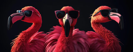 Three flamingos with sunglasses on black background, party. Three pink flamingos wearing stylish sunglasses stand confidently against a dark backdrop. trendy vibe. Fun, summer, fashion, and wildlife with a quirky twist. Three stylish pink flamingosの写真素材