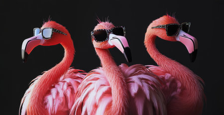 Three flamingos with sunglasses on black background, party. Three pink flamingos wearing stylish sunglasses stand confidently against a dark backdrop. trendy vibe. Fun, summer, fashion, and wildlife with a quirky twist. Three stylish pink flamingosの写真素材