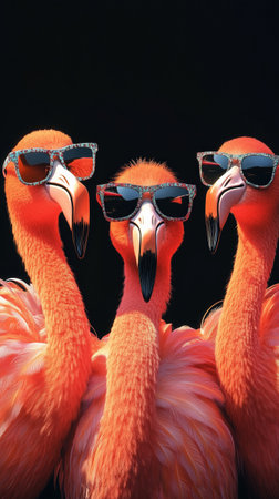 Three flamingos with sunglasses on black background, party. Three pink flamingos wearing stylish sunglasses stand confidently against a dark backdrop. trendy vibe. Fun, summer, fashion, and wildlife with a quirky twist. Three stylish pink flamingosの写真素材