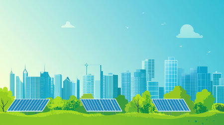 Urban skyline with solar panels. renewable energy. Modern skyscrapers, eco-friendly technology represent harmonious coexistence of nature and urban development. Blue sky. Banner background.の写真素材