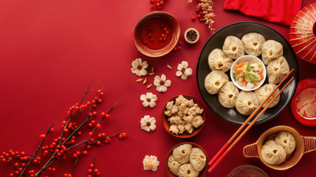 Traditional Chinese dumplings on a vibrant red background with festive decorations. Gourmet experience. Asian cuisine, celebrating holidays, special occasions, and cultural festivities. beautiful presentationの写真素材