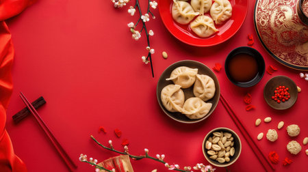 Traditional Chinese dumplings on a vibrant red background with festive decorations. Gourmet experience. Asian cuisine, celebrating holidays, special occasions, and cultural festivities. beautiful presentationの写真素材