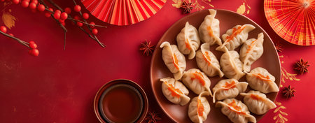 Traditional Chinese dumplings on a vibrant red background with festive decorations. Gourmet experience. Asian cuisine, celebrating holidays, special occasions, and cultural festivities. beautiful presentationの写真素材