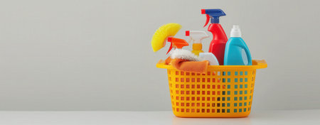 Cleaning products and tools in a yellow basket. Bottles of detergent, spray cleaners, and scrub brushes neatly arranged in a plastic container. cleaning services, hygiene, and household chores. Household cleaning supplies. Bright plastic bottles.の写真素材