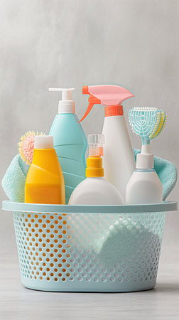 Set of different cleaning supplies in basket on light grey background. Cleaning products in basket. Cleaning services, hygiene, and household chores. Household cleaning supplies. Bright plastic bottles.の写真素材