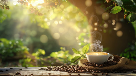Coffee tree background with a smoky cup of coffee and coffee beans in a burlap sack. Cup of coffee on wooden table surrounded by fresh coffee beans in burlap sack and coffee tree in background. warm sunlight, beautiful nature, agricultural concept. Fresh coffee beans. Fresh morning atmosphere and natural lightの写真素材