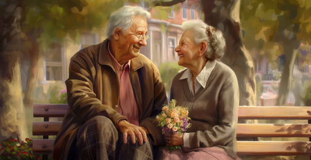 illustration of elderly couple sits on a bench, smiling, the woman holding flowers. they gaze at...