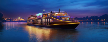 Luxury cruise ship illuminated at dusk. modern vessel with Travel, tourism. Yacht illuminated by vibrant lights sailing on serene waters during twilight. Modern sleek design.の写真素材