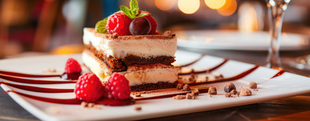 Delicious dessert topped with fresh berries on white plate in restaurant, close-up. Family kitchen