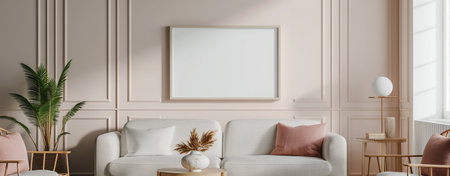 Picture frame mockup in a minimal beige decor living room. Minimalist living room with sofa, natural tones. Modern home design. cozy. blank picture frame on wall. home decorの写真素材