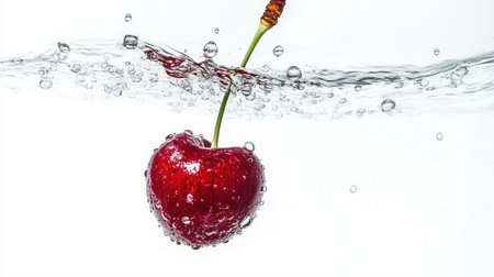 Vibrant fresh cherries submerged in water. refreshing. Freshness, purity, Juicy fruit in clear...