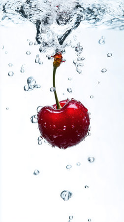 Vibrant fresh cherries submerged in water. refreshing. Freshness, purity, Juicy fruit in clear...