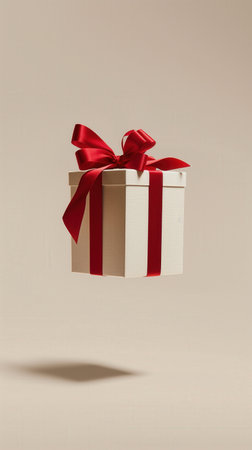 Gift box with red bow floating in the air, light background. Floating white gift box with red ribbon and bow symbolizing celebration surprise and giving perfect for holidays birthdays and special occasionsの写真素材