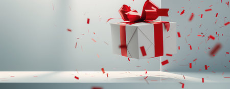 Festive gift box with vibrant red ribbons and confetti falling in air. celebration and joy, holidays, birthdays and special occasionsの写真素材