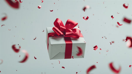 Holiday gift box wrapped in white paper and red ribbon in the air with confetti falling around creating festive atmosphereの写真素材