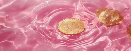 Golden bitcoin in shimmering pink water. digital currency. cryptocurrency. investment, finance, and...