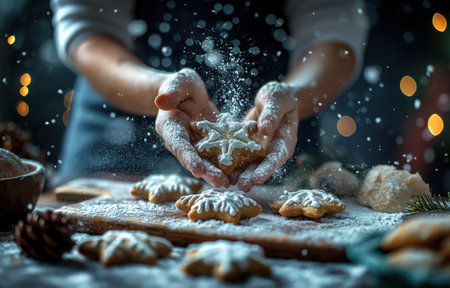 Hands make homemade snowflake-shaped cookies. Winter holiday baking, festive kitchen scene, sweet treats, celebration preparation. Hands create festive gingerbread cookies, holiday baking activity. The concept of Christmas cooking.の写真素材