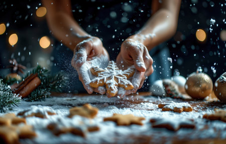 Hands make homemade snowflake-shaped cookies. Winter holiday baking, festive kitchen scene, sweet treats, celebration preparation. Hands create festive gingerbread cookies, holiday baking activity. The concept of Christmas cooking.の写真素材