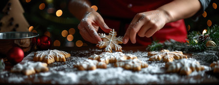 Hands make homemade snowflake-shaped cookies. Winter holiday baking, festive kitchen scene, sweet treats, celebration preparation. Hands create festive gingerbread cookies, holiday baking activity. The concept of Christmas cooking.の写真素材