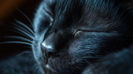 Close-up of a black cat peacefully sleeping with soft fur and whiskers. Captures tranquility and warmth in a serene setting. sleeping black cat, close-up. macro photography.の素材