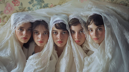 Five women wrapped in delicate white veils lay side by side with serious expressions. Muslin wives.の素材
