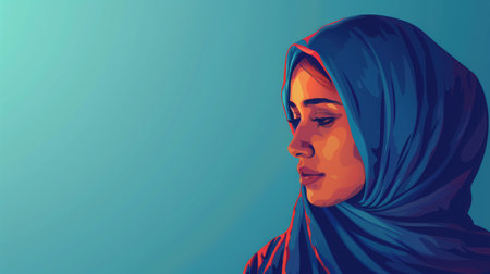 World Hijab Day. A Muslim woman in a hijab. Arab woman. Happy World Women's Day in Hijab. Illustration of a girl in a headscarf. Illustration of a woman wearing a hijab. Portrait of young woman wearing a headscarf.の素材