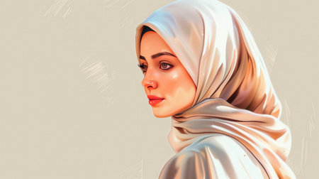 World Hijab Day. A Muslim woman in a hijab. Arab woman. Happy World Women's Day in Hijab. Illustration of a girl in a headscarf. Illustration of a woman wearing a hijab. Portrait of young woman wearing a headscarf.の素材