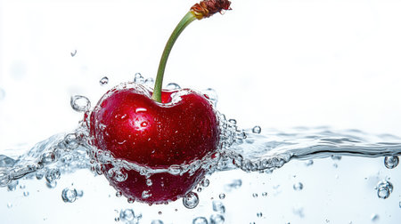 Vibrant fresh cherries submerged in water. refreshing. Freshness, purity, Juicy fruit in clear liquid. Cherry splashing in water surrounded by bubbles and ripples. food and beverage industries. health and wellness promotions. Bright red cherry.の素材