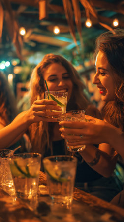 Women enjoy cocktails in a vibrant nightclub setting, smiling. Young women with cocktails in bar at nightの素材