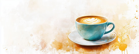 Coffee cup watercolor style, copy space. A blue cup of coffee saucer against a watercolor background. Watercolor illustration in hand-drawn style.の素材
