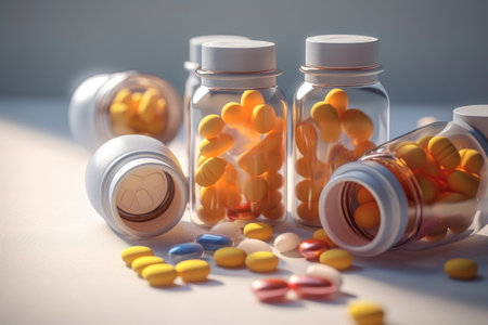 Glass jars with colorful vitamins and supplements. Generative AI.の素材