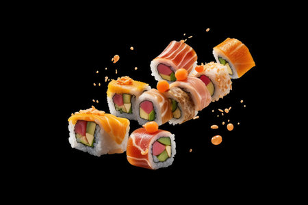 Flying pieces of sushi rolls on a black background close-up. Traditional Japanese food. Generative AI.の素材