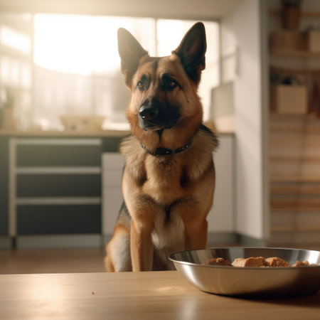 A German Shepherd sits by a bowl of food. The concept of feeding adult dogs. Generative AI.の素材