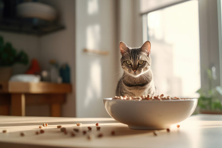 An adult cat sits by a bowl of dry food in the kitchen. The concept of choosing food. Generative AI.の素材