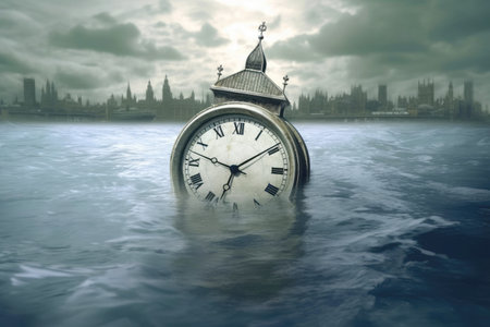 Flooded clock. The concept of sea-level rise and lack of time to address it. Generative AI.の素材