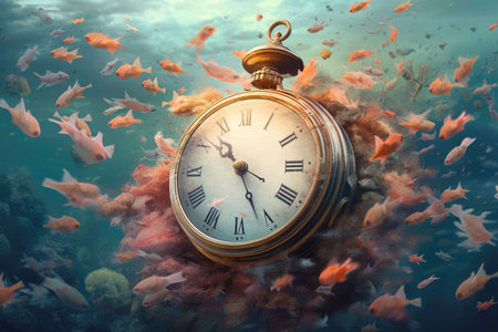 An inundated clock, highlighting the sobering reality of rising sea levels and the limited time available to address this pressing environmental concern. Generative AI.の素材