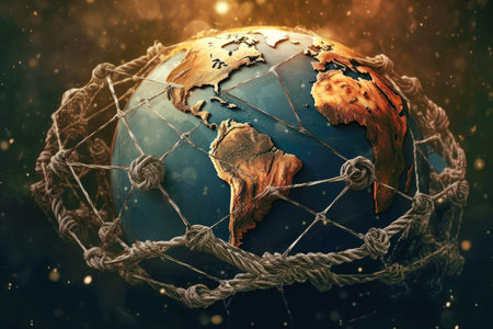 The Earth is bound in shackles, exemplifying the concept of the Earth's natural resources being mercilessly exploited. Generative AI.の素材