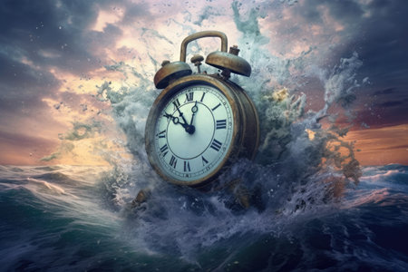 The sinking clock. A symbol of global warming, rising sea levels and climate change. Generative AI.の素材