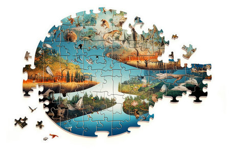 A crumbling jigsaw puzzle depicting the ecosystem of planet Earth. The concept of global warming and climate change. Generative AI.の素材