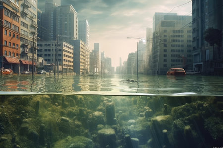 A flooded city. The concept of climate change and rising water levels in the world's oceans. Generative AI.の素材