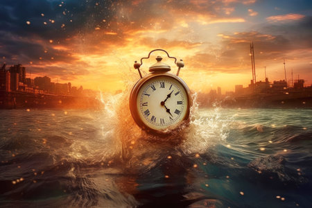 The sinking clock. A symbol of global warming and rising sea levels. Generative AI.の素材