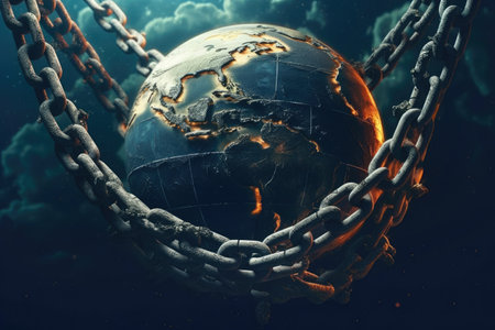 The planet is imprisoned in fetters, portraying the detrimental consequences of the relentless exploitation of Earth's natural resources. Generative AI.の素材