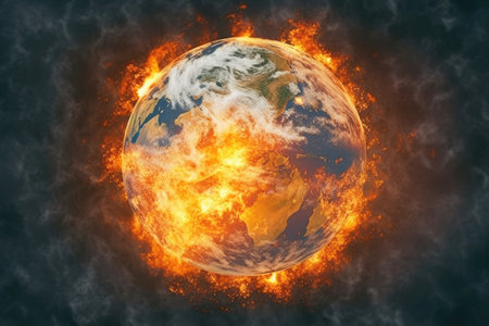 Planet Earth is engulfed in flames. The concept of global warming and climate change. Generative AI.の素材