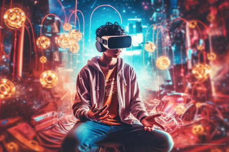 The future of digital gaming and entertainment. A teenager enjoys immersive gameplay using virtual reality goggles, engaging in three-dimensional cyberspace in a futuristic augmented reality meta-universe. Generative AI.の素材