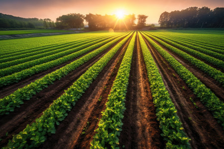 Vegetable beds in the field in the rays of sunset. The concept of agriculture. Generative AI.の素材